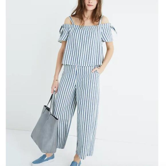 Madewell White & Blue Striped Cold-Shoulder Jumpsuit - Picture 1 of 6